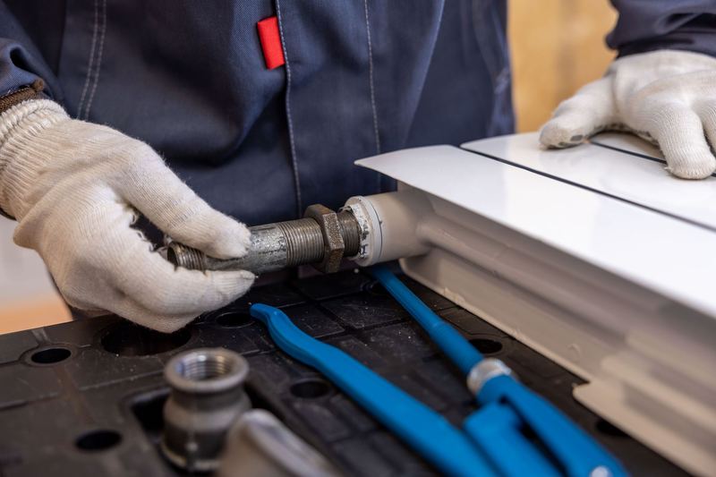 Hände in Arbeitshandschuhen schrauben einen Anschluss an einen Heizkörper